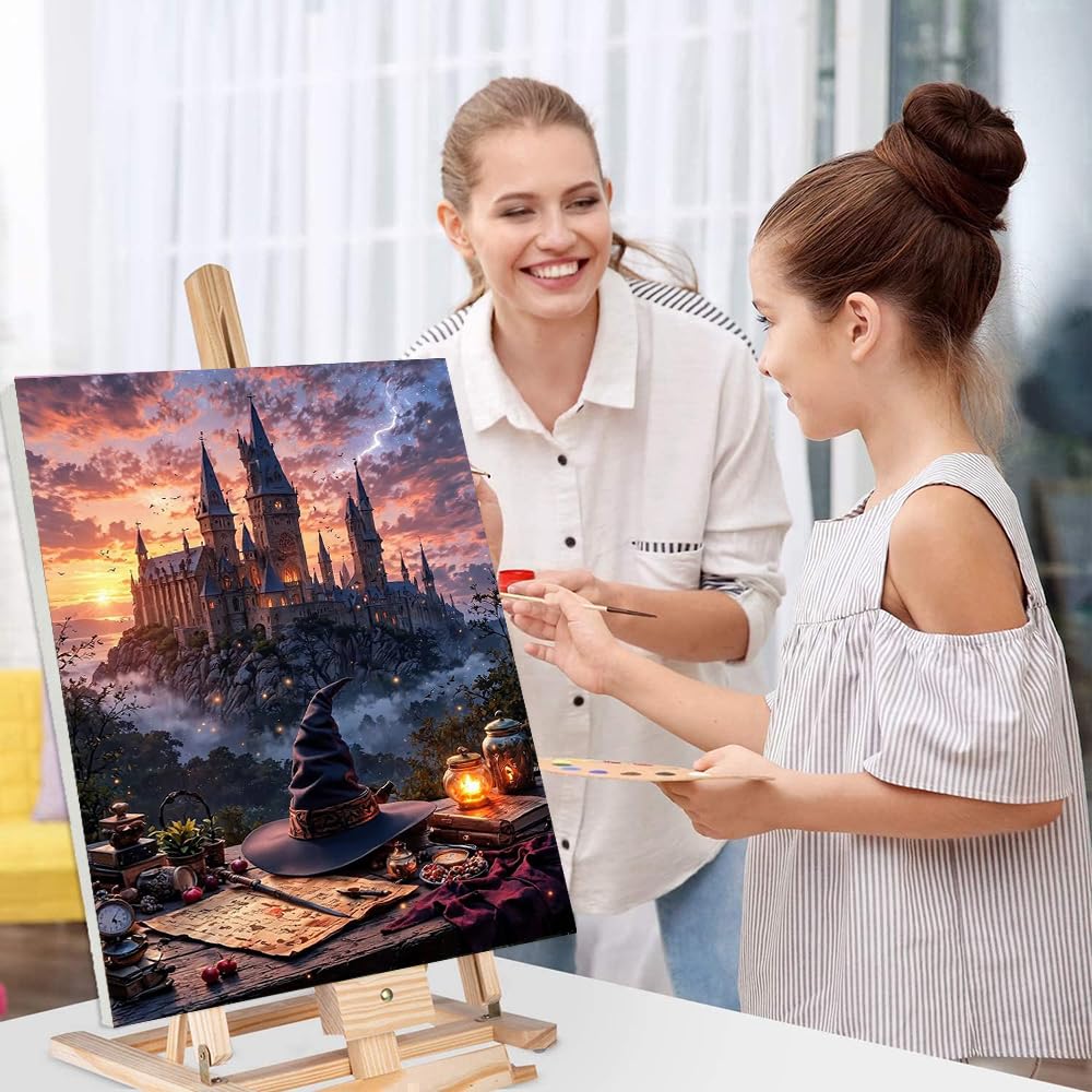 4 Pack Paint by Numbers for Adults with Framed Canvas - with Wooden Easel, Magic Castle Paint by Number on Canvas, Fantasy DIY Acrylic Oil Painting Kits with Brushes for Home Wall Decor 8x12 inch