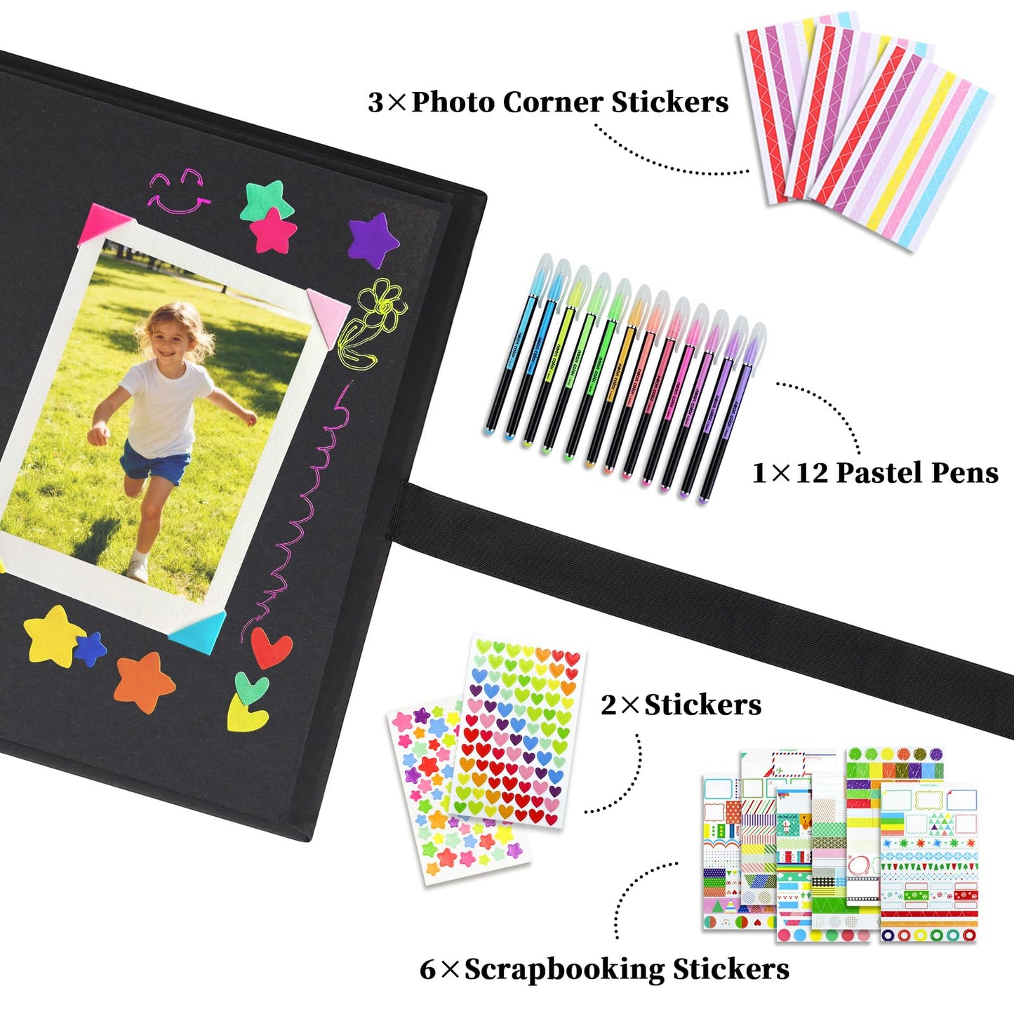 Vienrose Scrapbook Album 80 Pages, DIY Photo Album with Accessories, Black Kraft Paper Memory Book for Wedding, Birthday, Travel, Valentine, Mother’s Day, 11x8 Inches