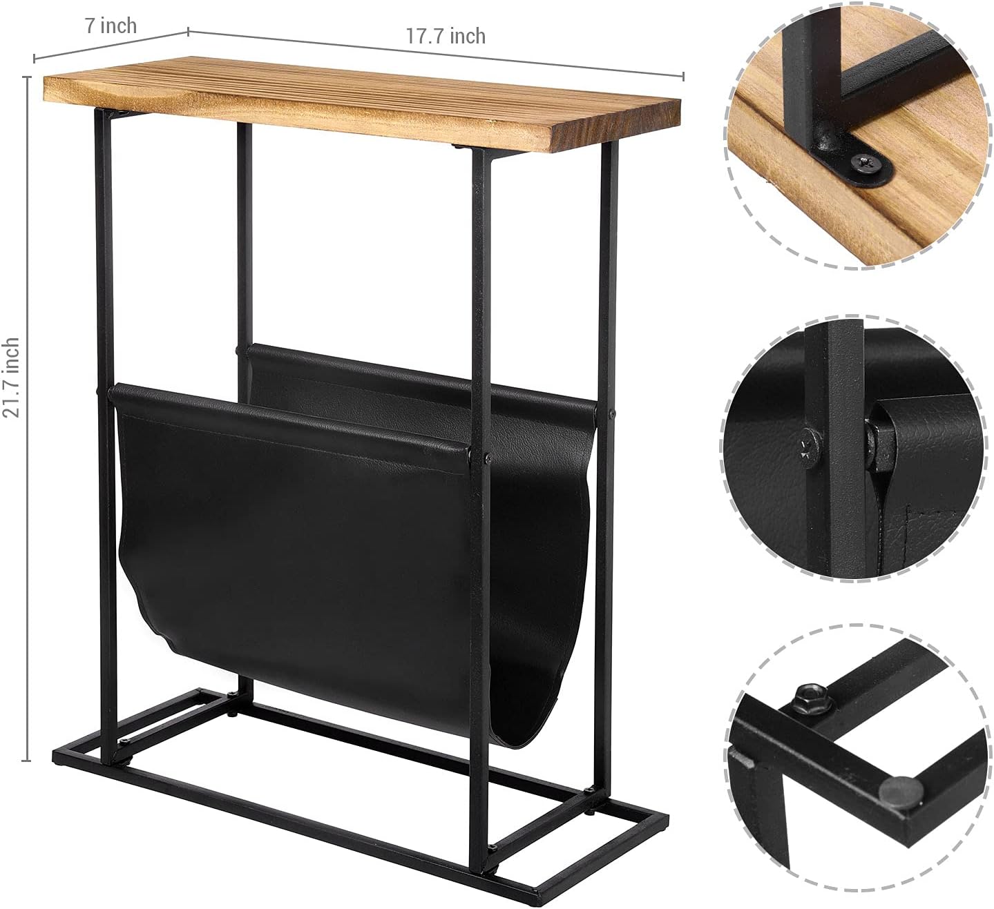 21-Inch MyGift Modern Narrow Living Room End Table with Solid Burnt Wood Tabletop and Black Metal Frame, Bedroom