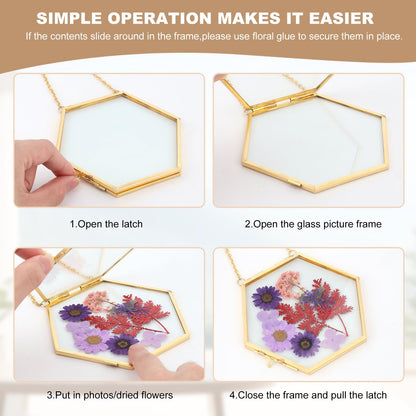 Lujechii 3 Pcs Double Glass for Pressed Flowers,Clear Brass Embossed Frame with Dried Flowers and Tweezers,Can Be Used for Dried Flower Plant Photo Postcards Wall Mounted Glass Pressed Flower Frame