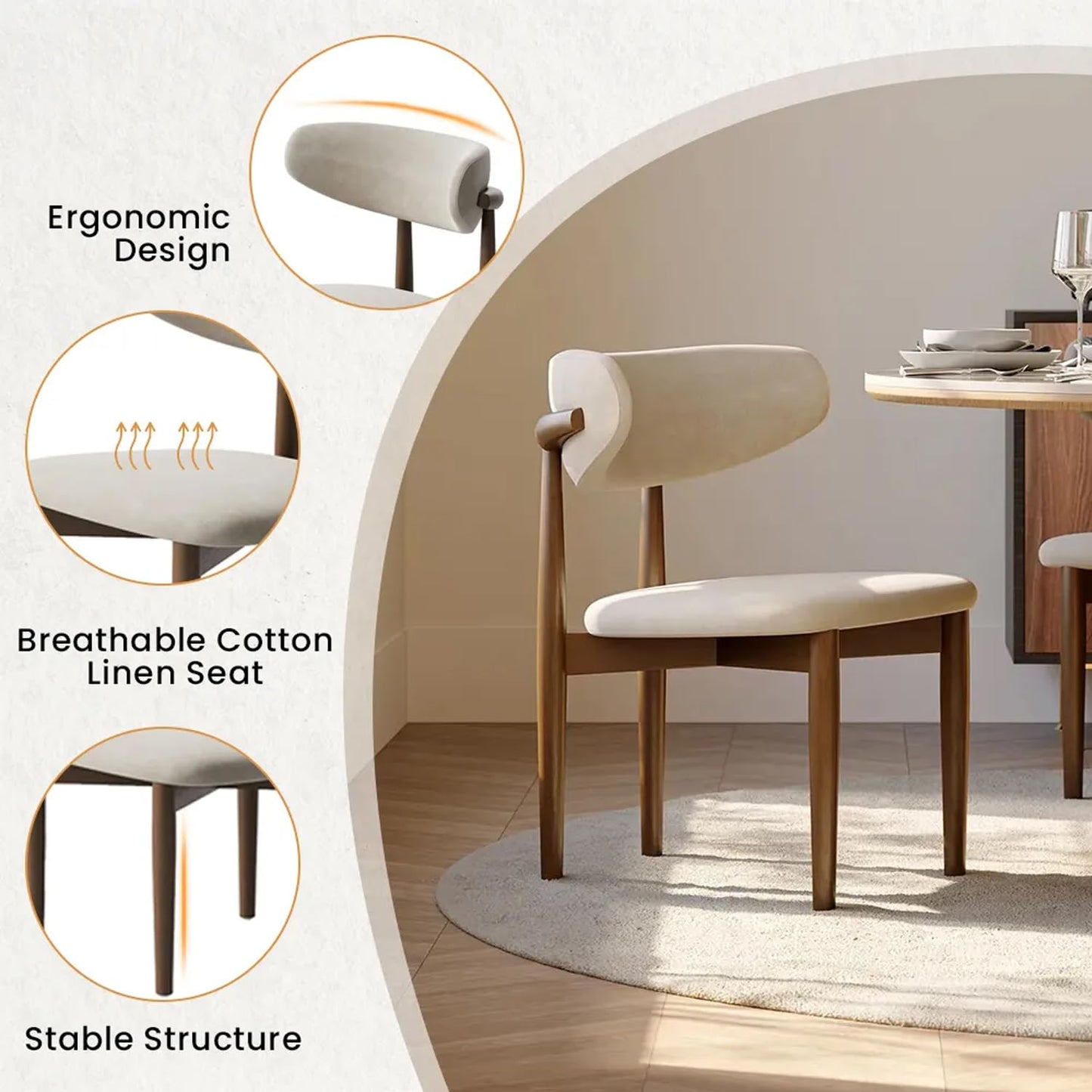 POVISON Modern Dining Chairs Set of 2, Armless Cotton Linen Dining Chair with Sackcloth Cushions and Dark Walnut-Coloured Ash Wood, Pre-Assembled Design