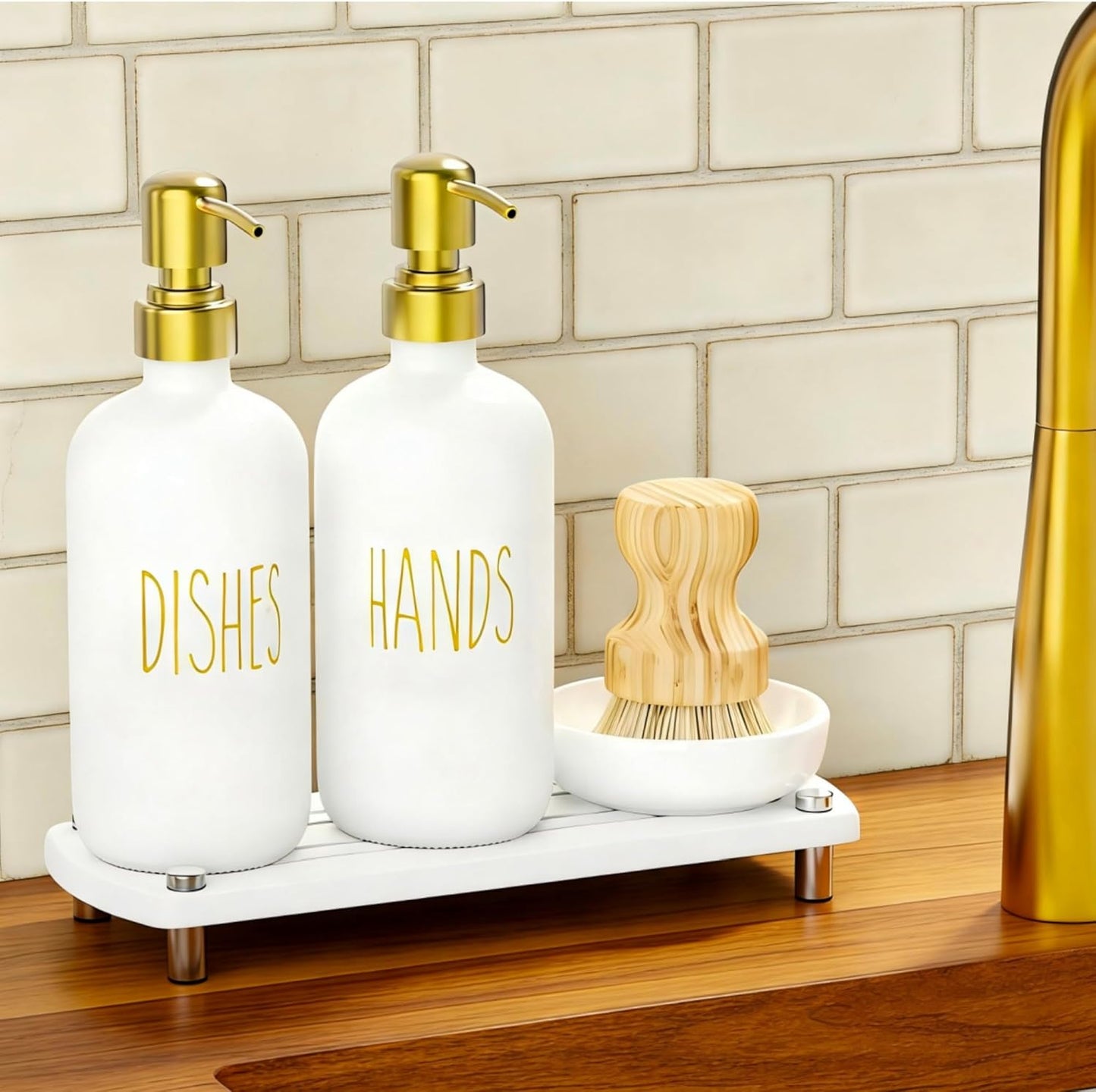 galasily Set Set Gold Soap Dispenser Comes with Stainless Steel Pumps, Instant Dry Tray, and Dish Scrub Brush, Kitchen