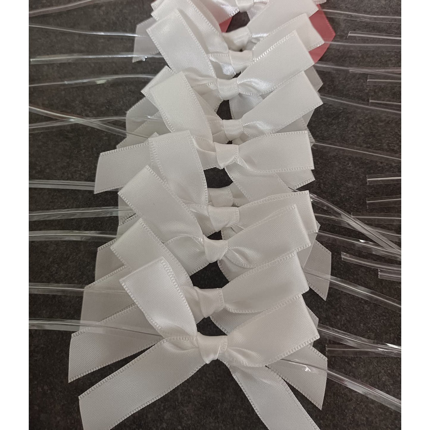 BeiLeiNiceHK 100 Pack White Twist Tie Bow, Pre Tied Bows,Christmas Satin Twist Tie Bows for Treat Bags,Packaging Bows for Candies and Apples, Pretied Ribbon Bows for DIY Decorations,Treat Bows