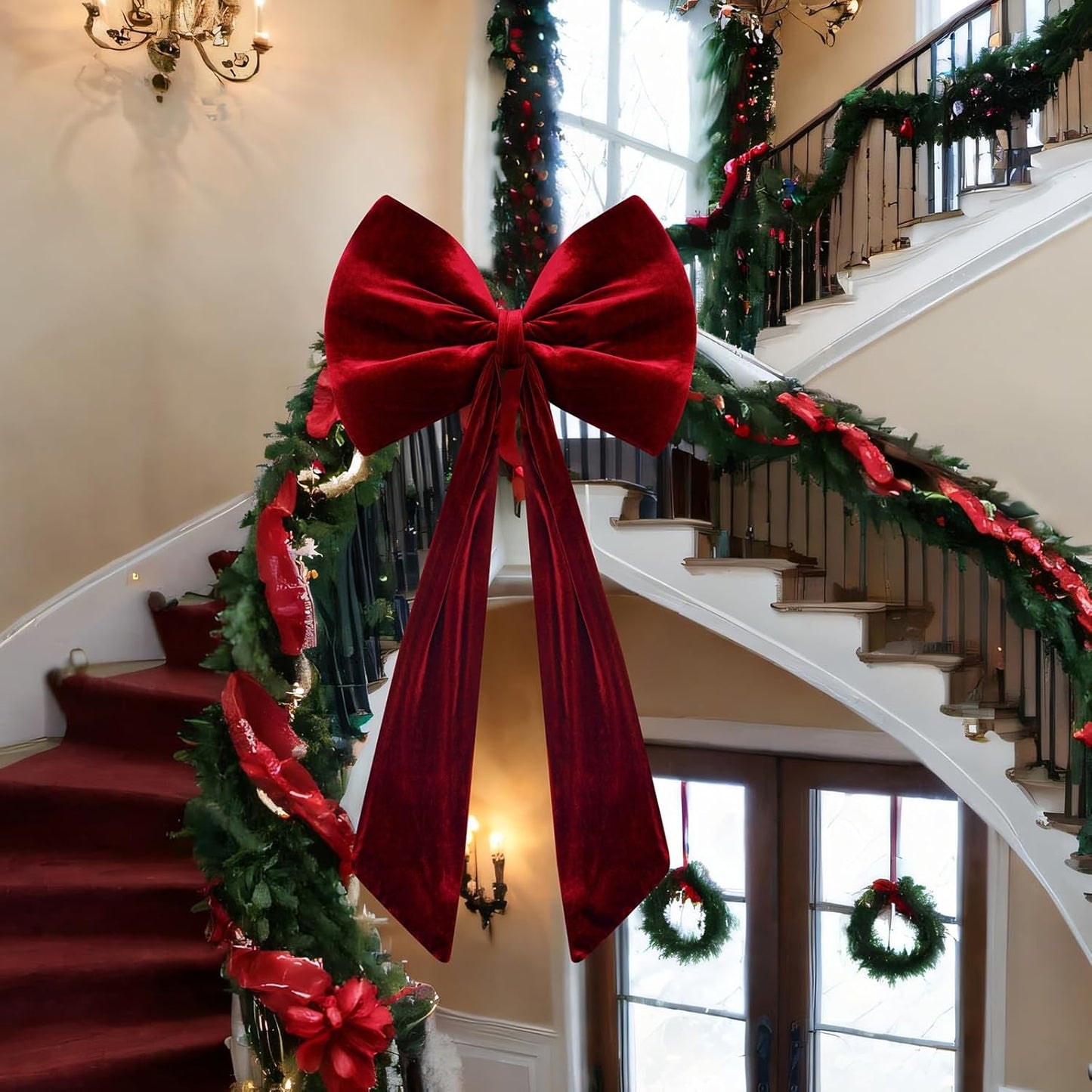 Skiennix Large Velvet Red Bow - 40x18 Inch Giant Tree Topper Ribbon | 3D Wall Decor for Parties & Events (Wine Red)
