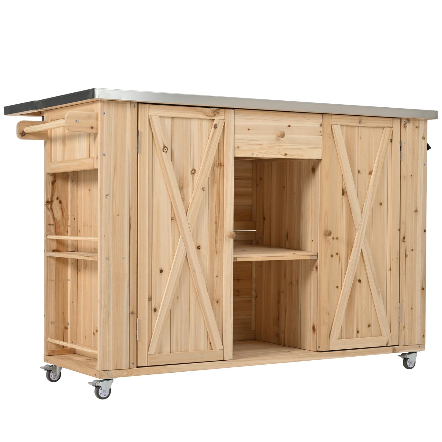 52.25" W Outdoor Grill Cart Table with Stainless Steel Tabletop, Patio Kitchen Island Storage Cabinet for BBQ, Bar