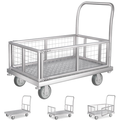 4-in-1 Platform Truck Cart with Cage, Multi-Purpose Heavy Duty Steel Flatbed Cart with 2200lbs Capacity Platform Hand Truck 6" Wheels Push Cart Dolly for Groceries, Garage, Warehouse (41“L x 24" W)