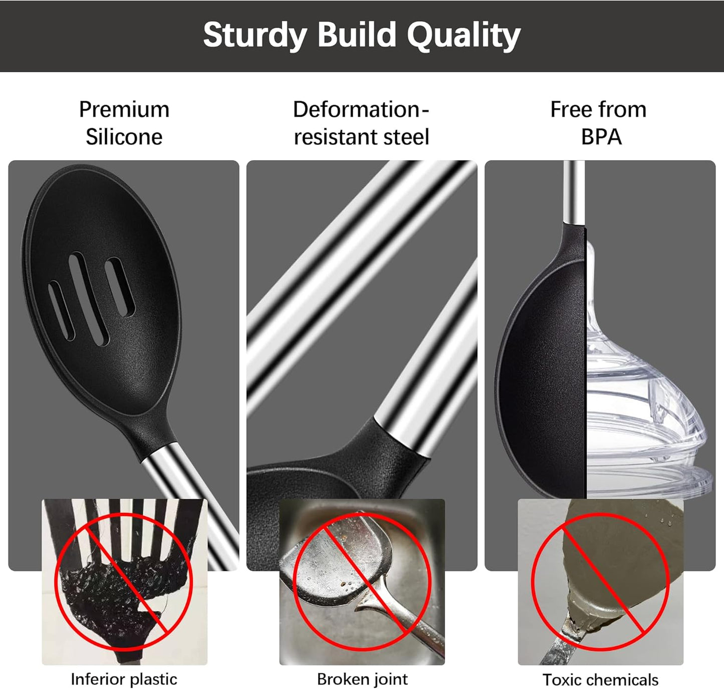 Silicone Spatula Spoon Set, 4 Pack - Solid Turner, Slotted Spatula, and Kitchen Spoons for Cooking and Baking