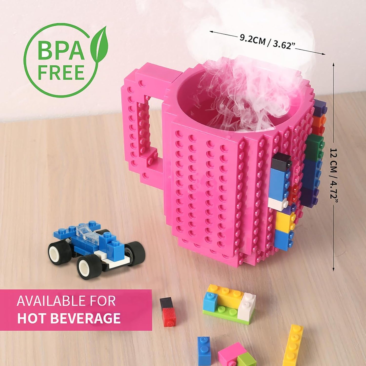 Build-on Brick Coffee Mug, Funny DIY Novelty Cup with Building Blocks for Kids, Men, Women, Xmas Birthday (Rose)