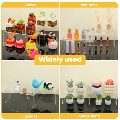 Limbeuuu 4 Pack Acrylic Risers Display Stands, Display Stands for Collectibles, Clear Acrylic Shelf for Show Decor, Toys, Cupcake (9.4 x 3.1 x 4.3 inches)