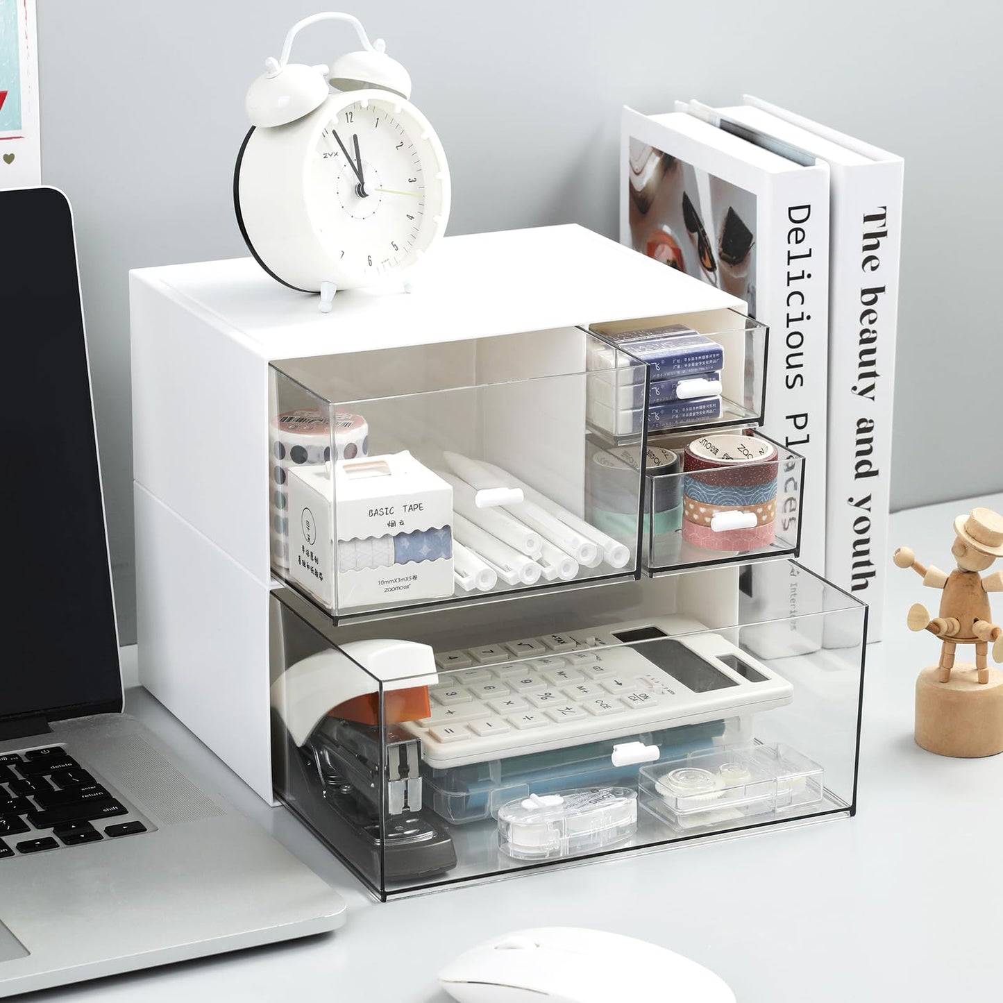 MILULUGO Desk Organizer with 4 Drawers, Makeup Organizer, Desktop Storage Box, Cosmetics Storage Box for nail polish, Lipstick, Brushes, Jewelry, Skincare, Bathroom Organization Boxes(White)