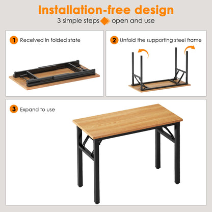 Need 31.5 Inch Folding Desk for Small Spaces, Home Office Computer Desk with Teak Wood Top & Black Frame, Foldable Writing Table for Study, Bedroom, Dorm Room & Student