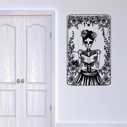 Skull Flower Metal Sign Art Decor,Skull Reading Book Silhouette Signs Wall Hanging Gifts for Birthday Halloween,Female Skeleton Plaque Decorate for Living Room Bedroom Garden Farmhouse Indoor Outdoor