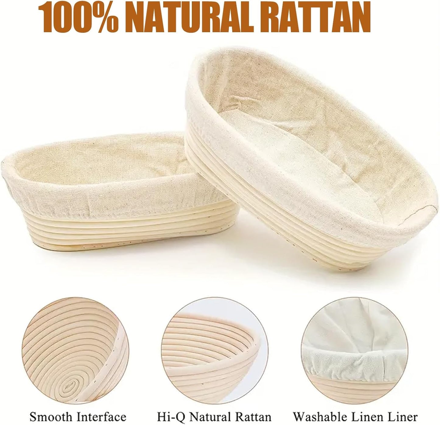 Banneton Bread Proofing Basket Set of 2, 10 inch Oval Proofing Bowls with Liners for Artisan Sourdough Bread Baking