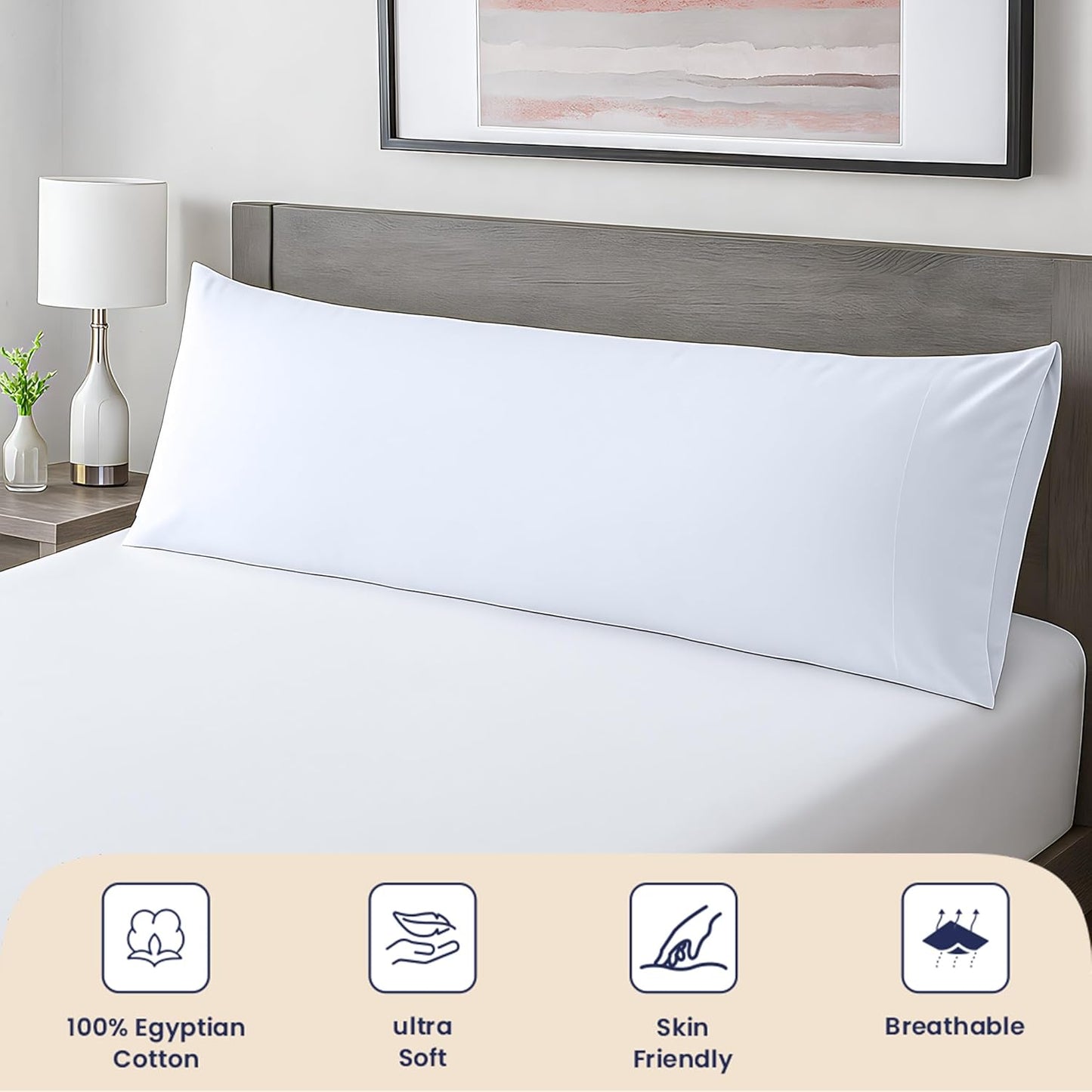SGI Bedding Body Pillow Case, 600 Thread Count, 21X56 inch, 100% Egyptian Cotton, White