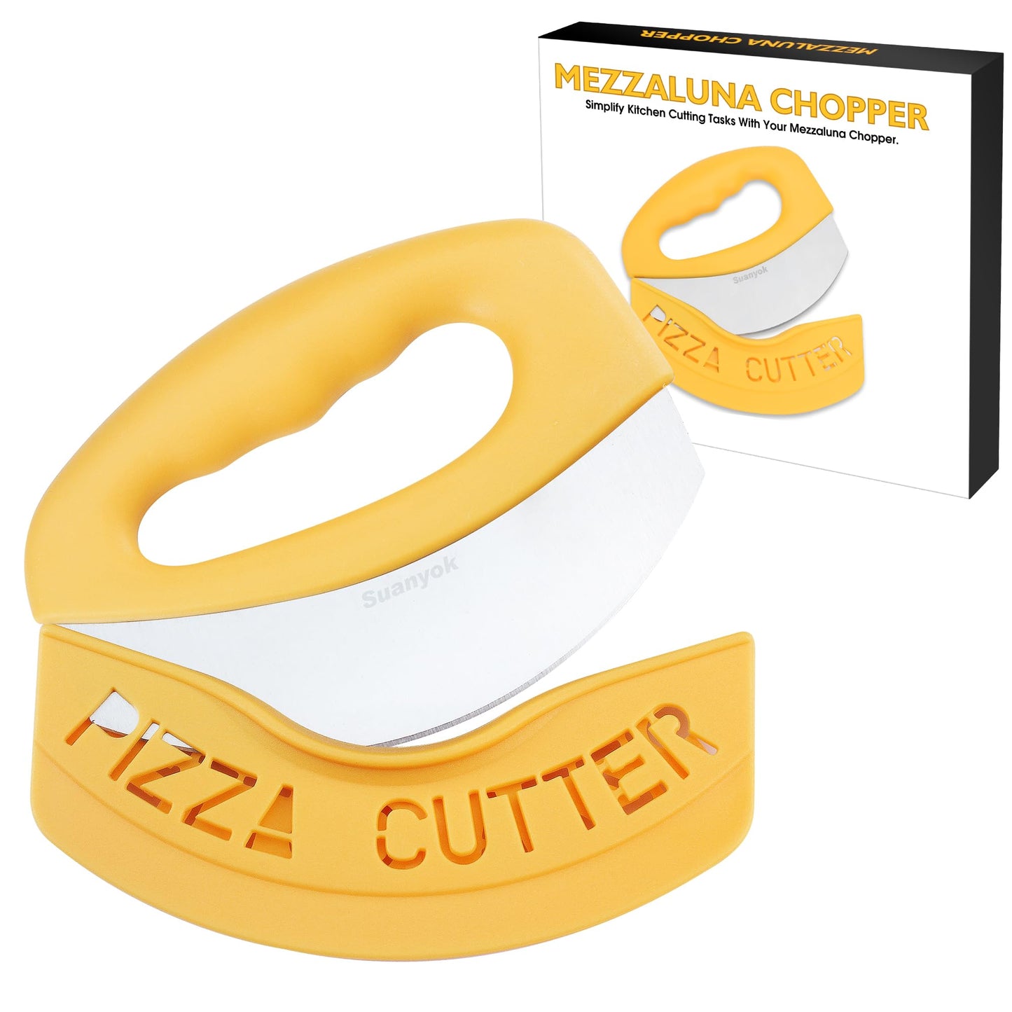 Suanyok Premium Pizza Cutter Food Chopper-Super Sharp Blade Stainless Steel Pizza Cutter Rocker Slicer with Protective Sheath Multi Function Pizza Knife Kitchen Tools,Dishwasher Safe (Yellow)