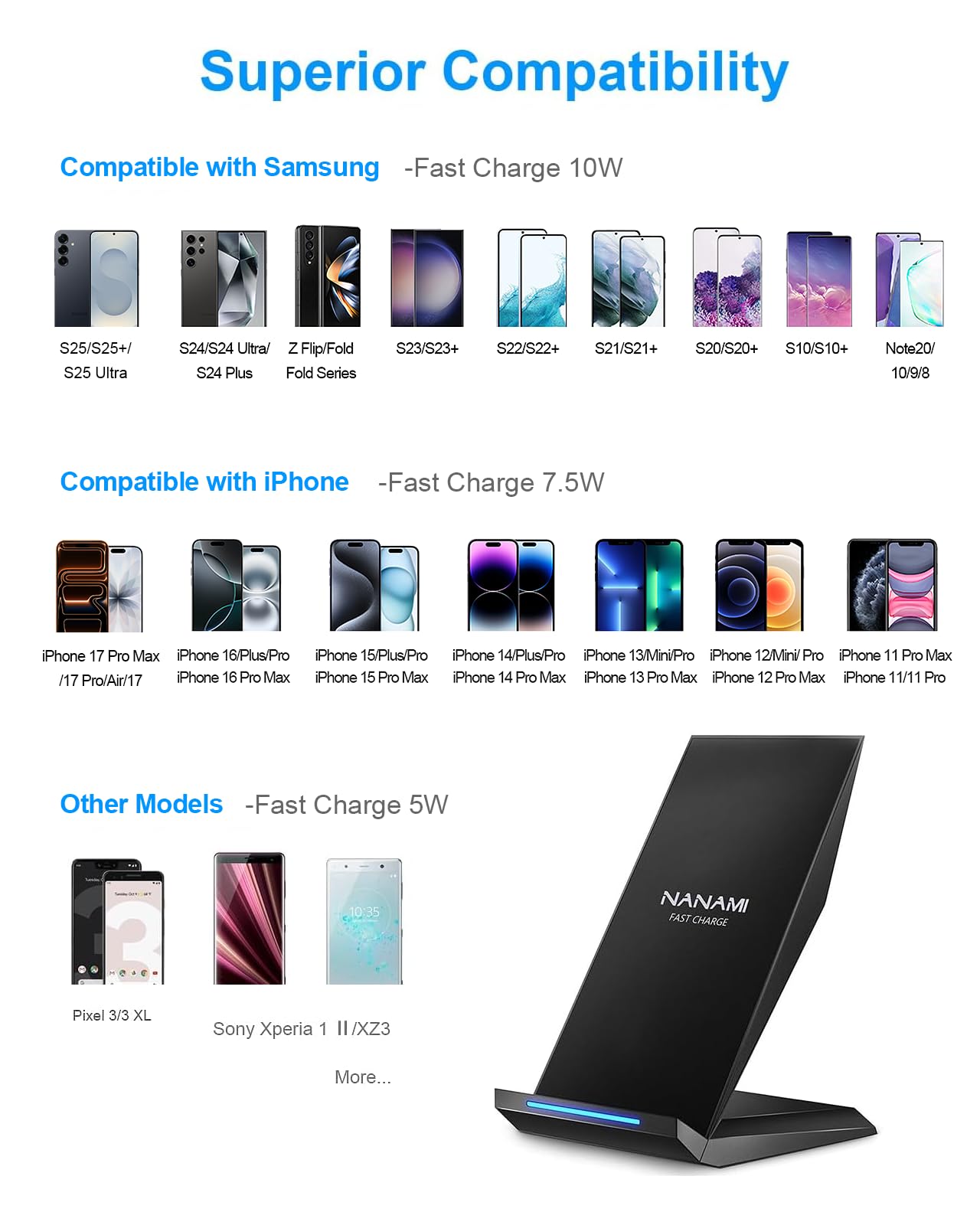 Fast Wireless Charger, [2 Pack] NANAMI Qi Certified Wireless Charging Stand Compatible iPhone 17/17 Air/17 Pro/17 Pro Max/16/15/14/13/12, Phone Charger for Galaxy S25/S24/S23/S22 and Qi-Enabled Phone