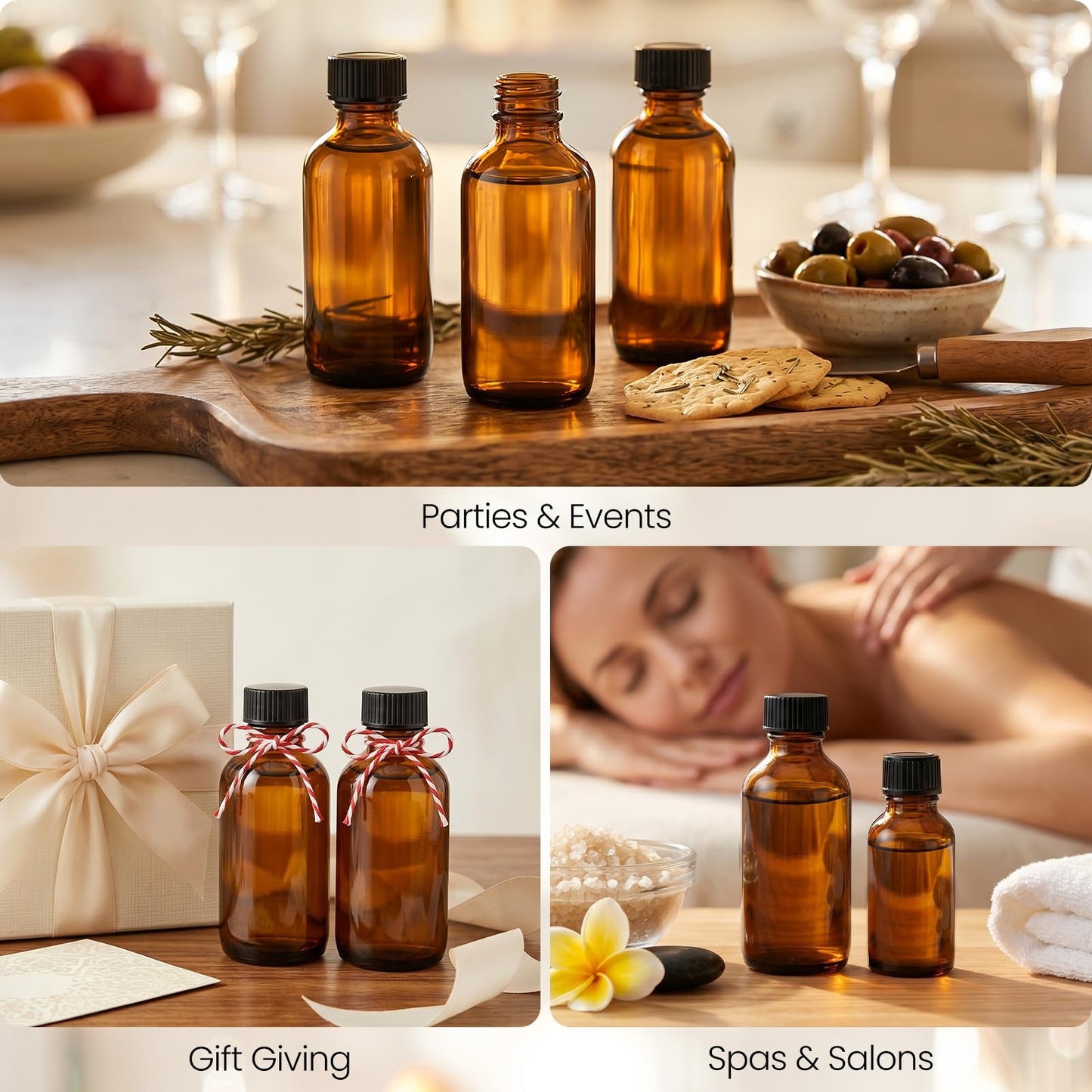 TBWIND 54 Pack 2oz Amber Glass Boston Round Bottles with Airtight Polycone Caps, Travel Size Glass Bottles for Essential Oils, Perfume, Vanilla Extract, Tinctures & DIY Samples