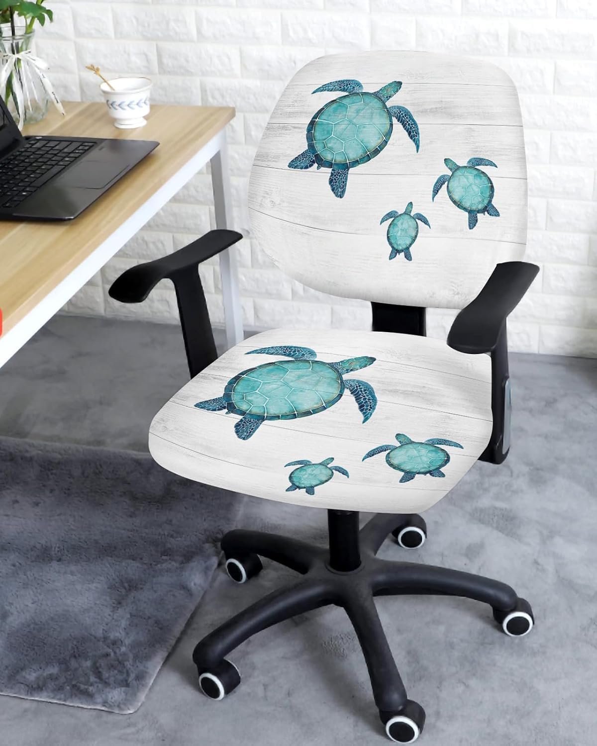Sea Turtle Office Chair Covers, Stretchable 2 Piece Soft Decorative Computer Desk Chair Protector, Turquoise Tortoise
