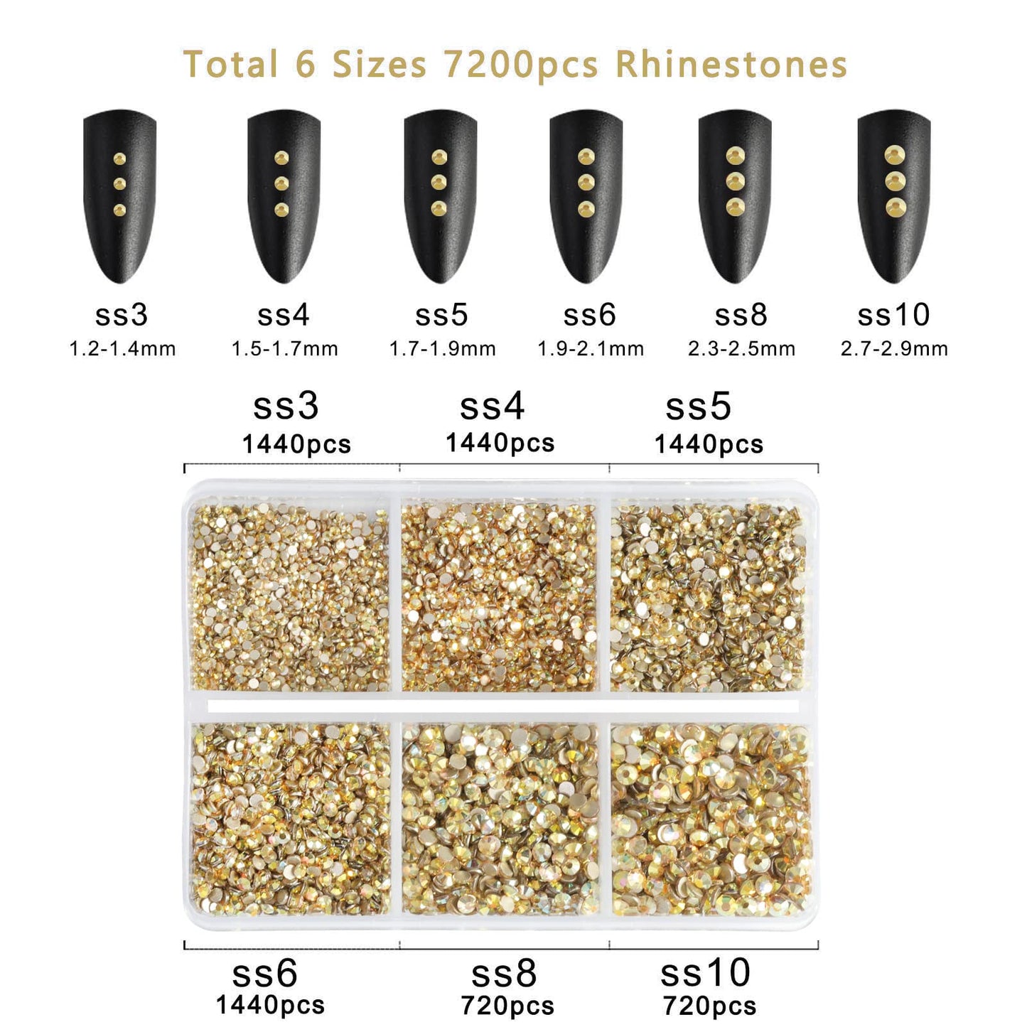Beadsland 7200pcs Flatback Rhinestones,Gold Rhinestone Nail Gems Round Crystal Rhinestones for Crafts,Mixed 6 Sizes with Wax Pencil Kit, SS3-SS10,Metal Sunlight
