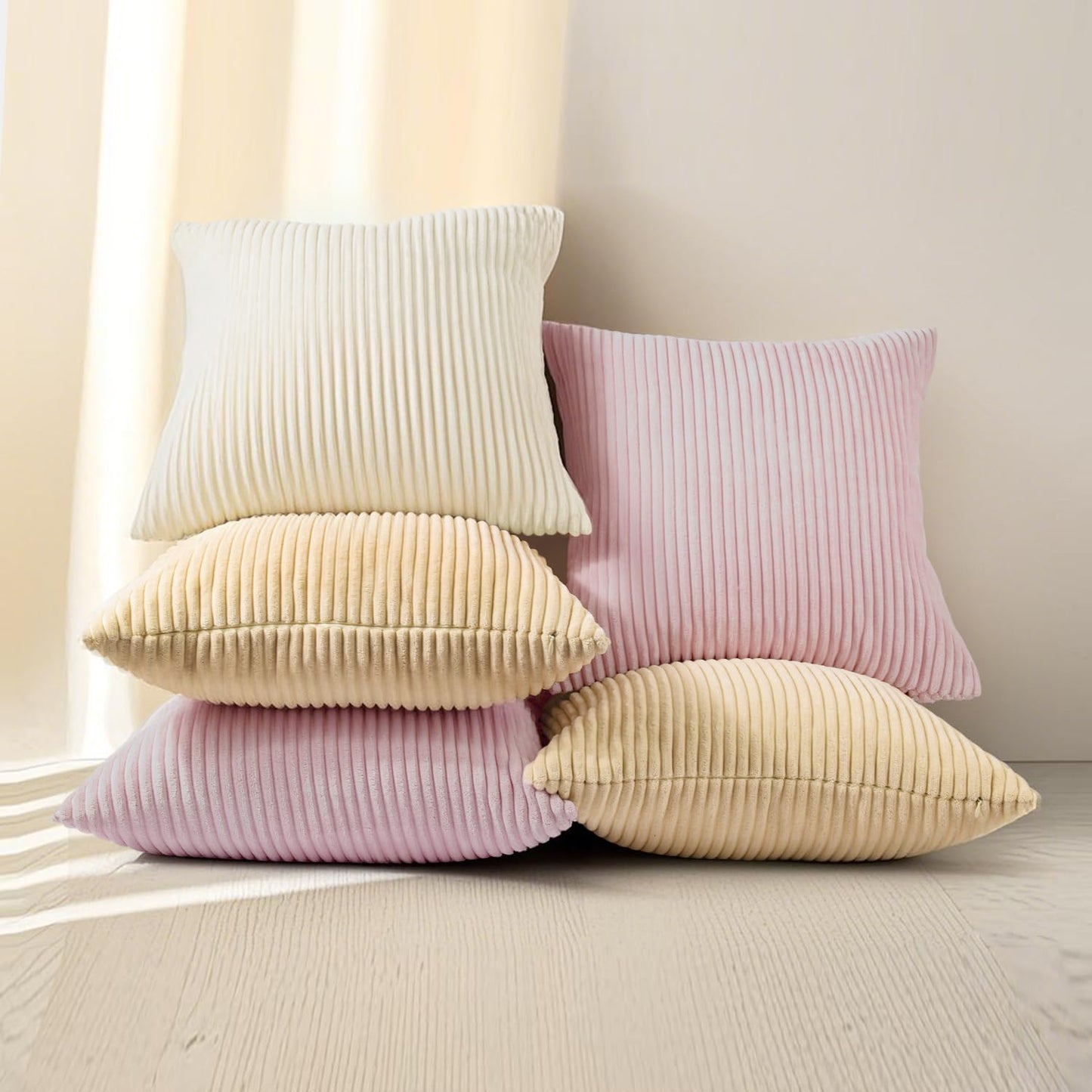 Pack of 2 Sakura Pink Corduroy Decorative Throw Pillow Covers 18x18 Inch Striped Spring Cushion Covers Cozy Boho Pillowcase Farmhouse Home Decor Soft Accent Cushion Case for Couch Sofa Bed 45x45 cm