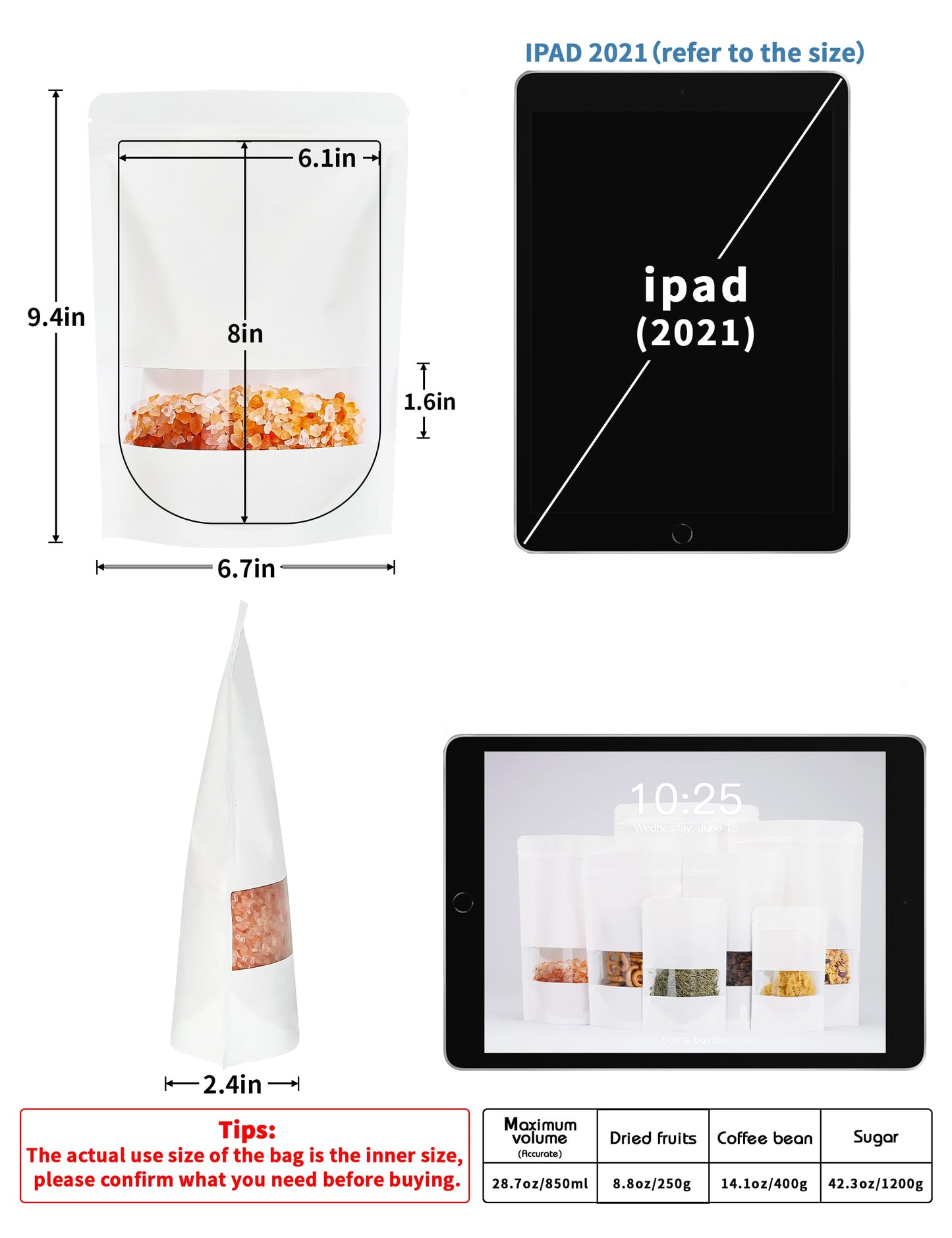 FireKylin 100 Pcs Brown Paper Bags with Window, 7.9" x 11.8" Stand Up Pouches Bags, Zipper Food Storage Bags for Packaging Products, Reusable, Sealable