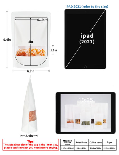 FireKylin 100 Pcs Brown Paper Bags with Window, 7.9" x 11.8" Stand Up Pouches Bags, Zipper Food Storage Bags for Packaging Products, Reusable, Sealable