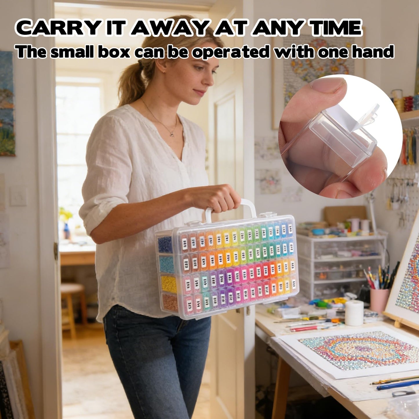 2 Pack Diamond Painting Storage Containers with 128 Rectangle Grids for Diamond Art Organizer with Sticker Labels Portable Clear Bead Organizer Box for Crafts Storage Accessories Art Beads Seeds