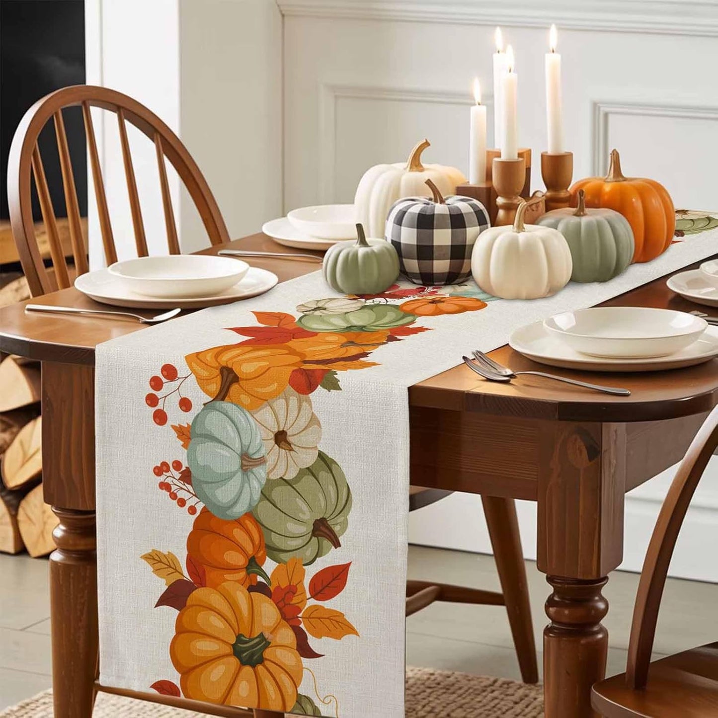 LooPoP 36 Inches Autumn Maple Leaves Harvest Pumpkin Table Runners Long Washable Thanksgiving Table Runner for Round