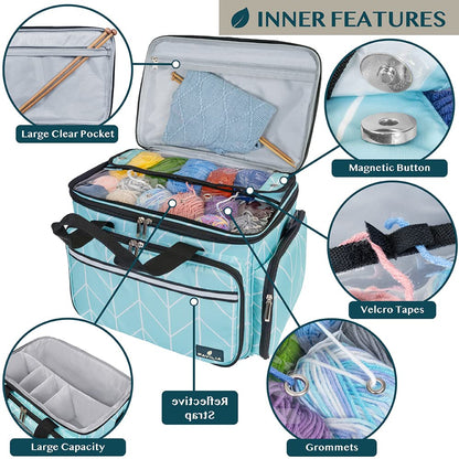 PAVILIA Knitting Bag Yarn Storage Tote, Large Crochet Organizer Bag, Yarn Storage Holder for Crocheting Knitter, Knitting Project Bag, Crochet Accessories Set, Gifts For Crochet Lovers, Chevron Teal
