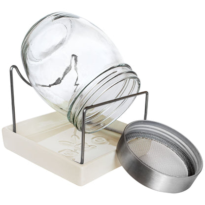 GEO Sprouting Jar - Italian Design - Glass Jar with Stainless Steel Screen, Rim, Stand on Ceramic Base