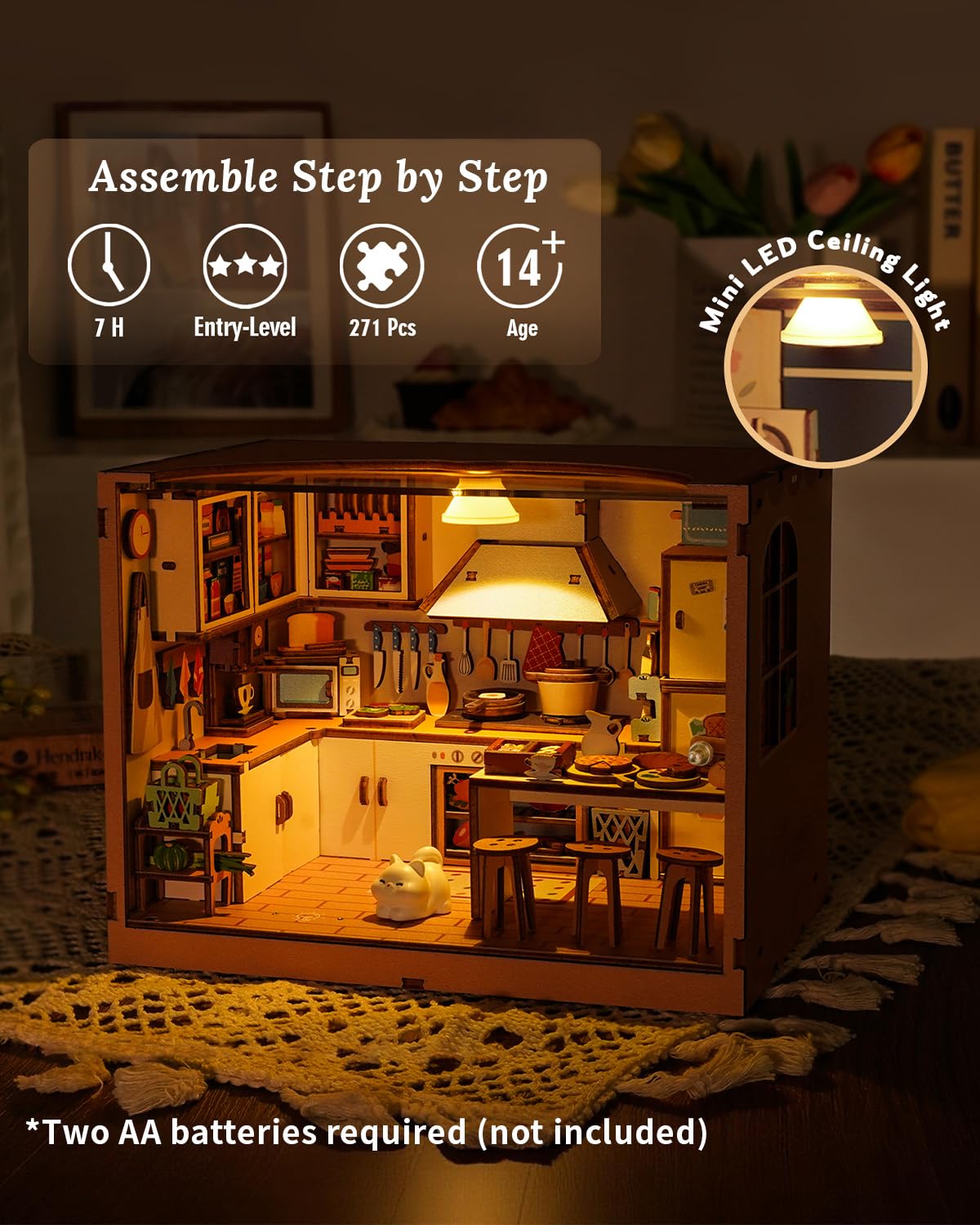 DIY Dollhouse Miniature House Kit 1:20 Scale Kictchen with LED Light, Tiny House Building Kit 3D Wooden Puzzle Crafts for Adults Home Decor Gift for Women Men