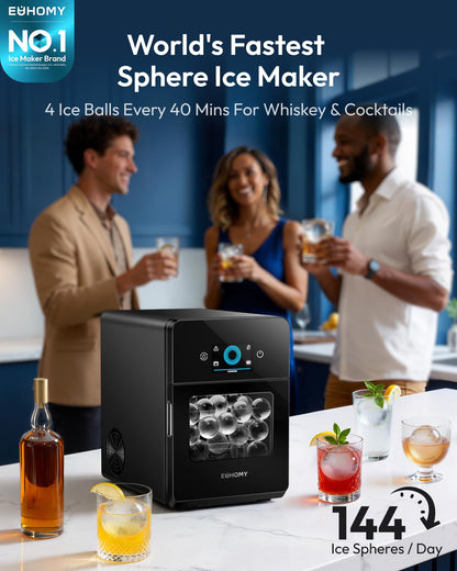 EUHOMY 2" Ice Ball Maker Countertop, 4Pcs Ready in 40Mins, 144Pcs/day, Self-Cleaning Sphere Ice Maker Machine with Crystal Clear Ice, Round Ice Cube Maker for Whiskey & Bourbon