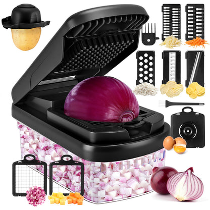 Vegetable Chopper,12-in-1 Multifunctional Food Chopper,Professional Onion Chopper with 7 Blades,Vegetable Cutter with Container for Salad,Potato,Carrot,and Garlic Essential Kitchen Tool (Black)
