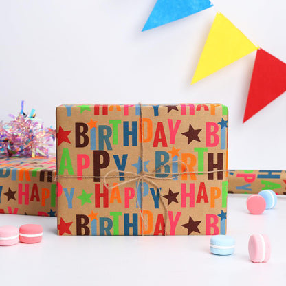 BIOBROWN Kraft Wrapping Paper Roll Colorful Text Happy Birthday Design Perfect for Birthday Holiday Wrap 17 inch X 33 feet