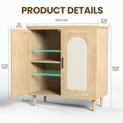 Garvee Rattan Buffet Cabinet with Storage, Sideboard Cabinet with 2 Doors and Adjustable Shelves, Boho Wood Cupboard for Kitchen, Livingroom, Dining Room, Entryway (Natural, 2 PCS)