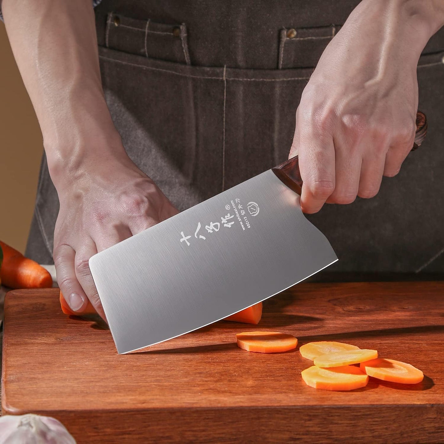 SHI BA ZI ZUO Chinese Meat Cleaver Knife - 6.7-Inch Stainless Steel Slicer with Wooden Handle