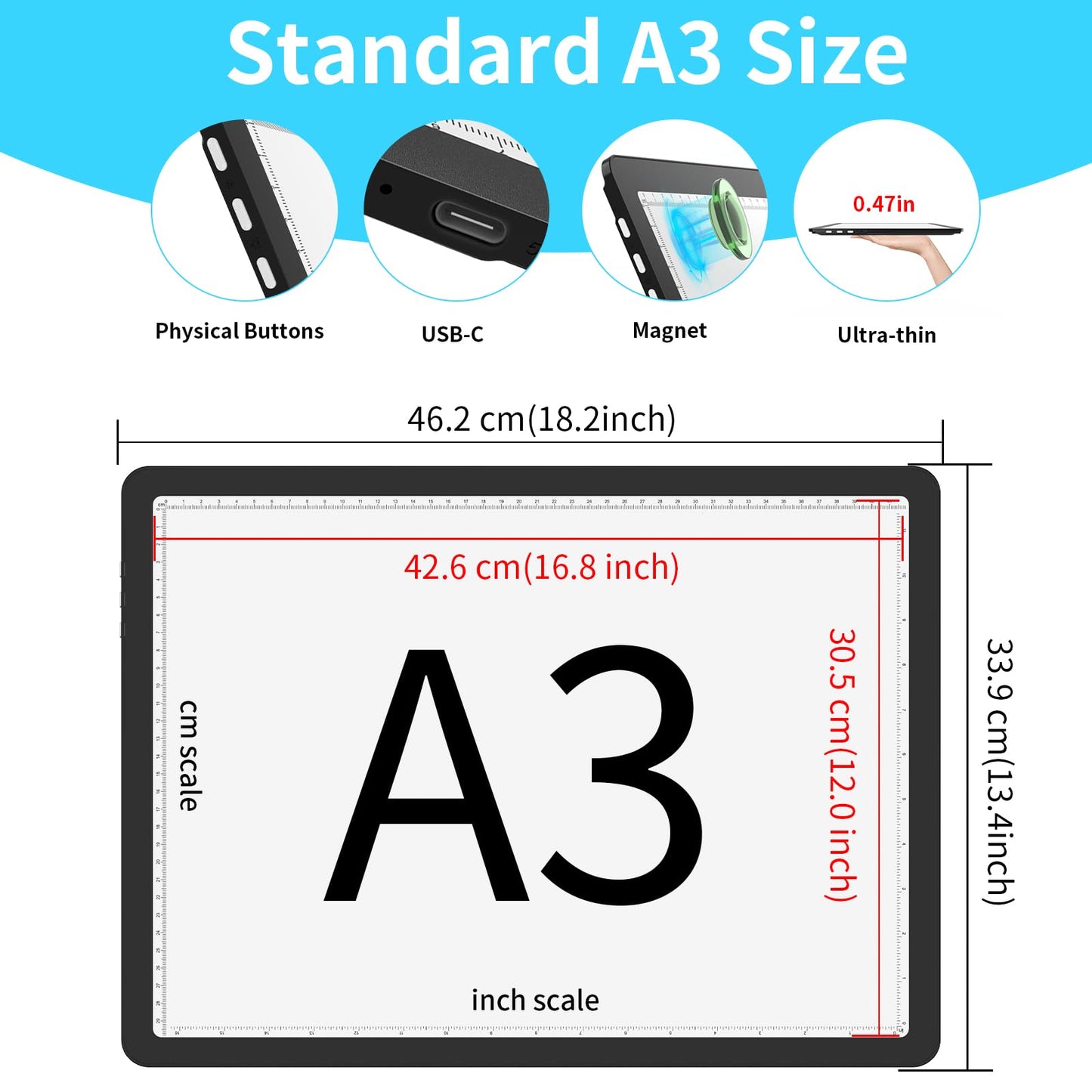 Phylosal Rechargeable A3 Light Pad with Built-in Stand & Bag, Magnetic Tracing Light Box for Drawing, Diamond Art Light Board with Side Button, Super Bright Light Table for Diamond Painting Black
