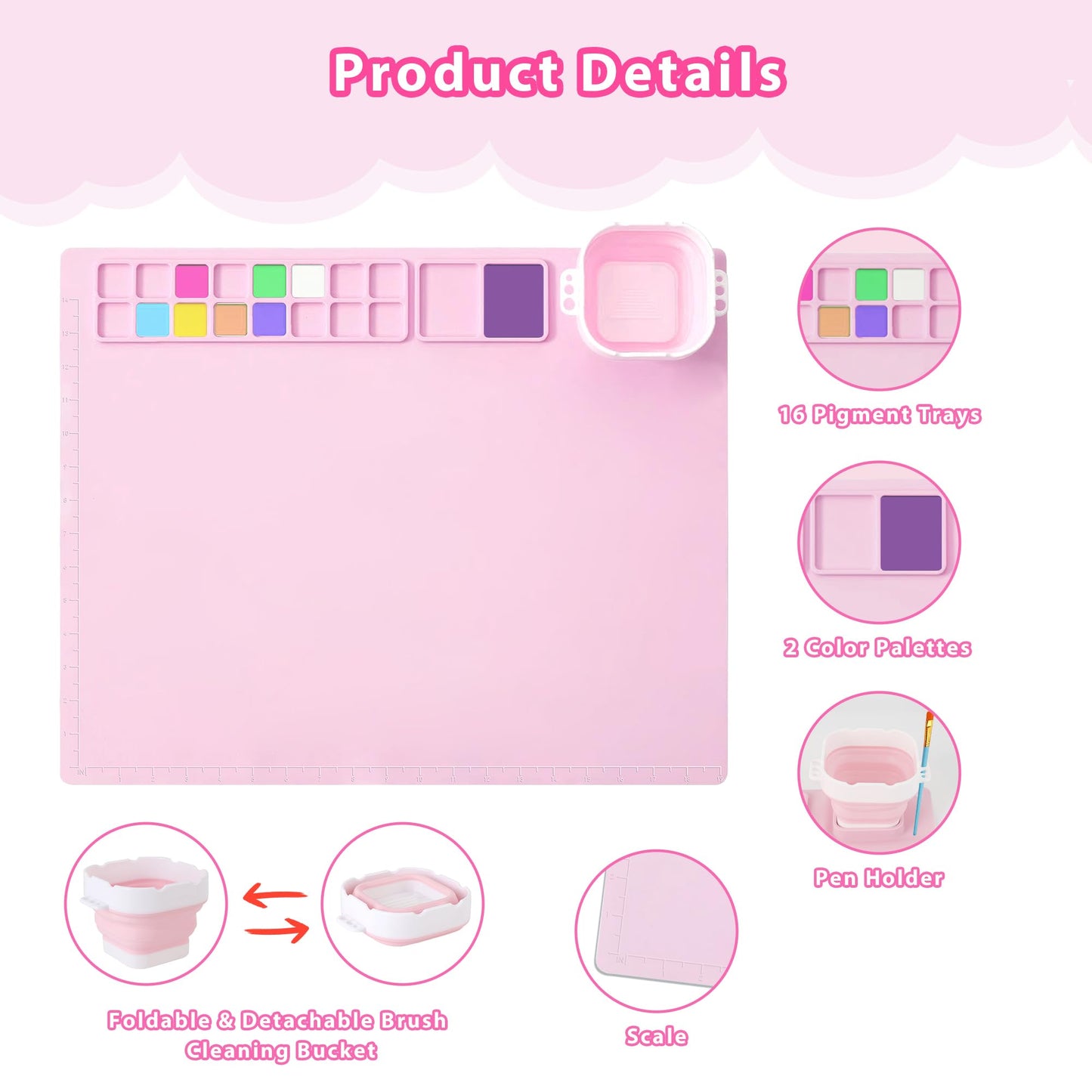MEKOTRIN Silicone Painting Mat, 20"X16" Art Mat with Cup and Palettes, Silicone Craft Mat has 16 Color Dividers, Paint Mat for Artist Clay DIY Creations(Pink)