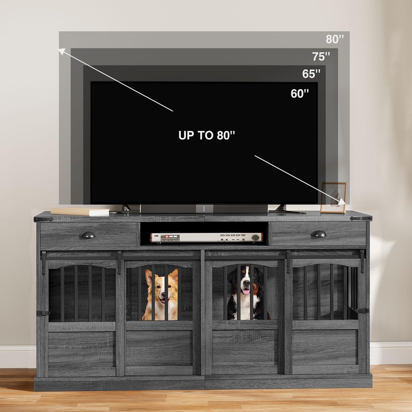 Homiflex 72" Double Dog Crate Furniture with Storage for 2 Medium Large Dogs Farmhouse Wooden Dog Kennel Furniture with 2 Sliding Doors Divider & Power Outlet Decorative Dog Cage TV Stand Grey