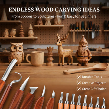YOYUPETA Wood Carving Kit, 32-Piece Professional Whittling & Carving Tool Set with Walnut Handle Knives, Detail Gouges, Sharpening Stone, Strop, Basswood Blanks and Gloves for Adult Hobbyists & Craft