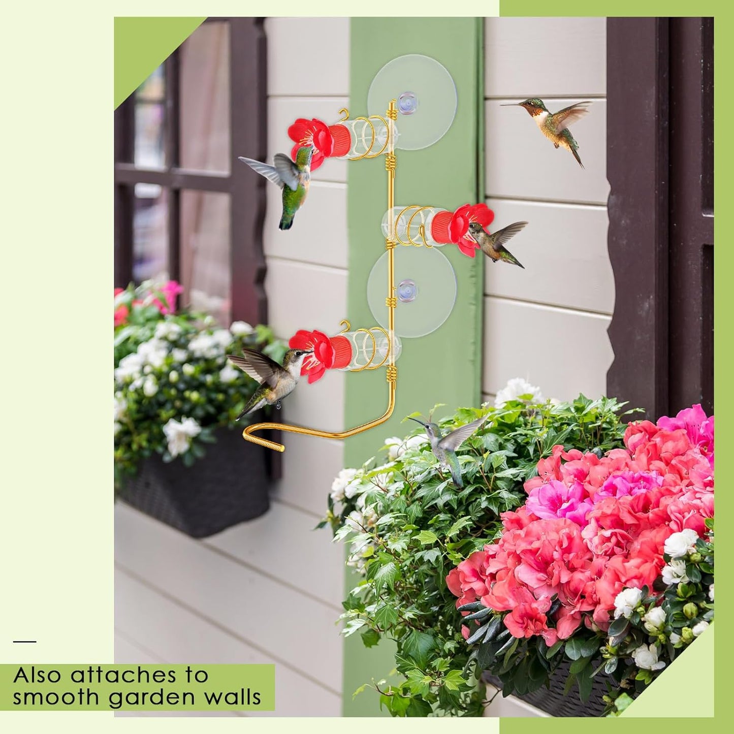 Window Hummingbird Feeder 3 Station, Handcrafted Copper Modern Feeder with Flower Ornament for Bird Lover Gift