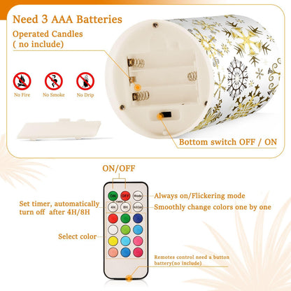 Christmas Lights Decorations Flameless Candles Golden Snowflake White Pillar Candles Set of 2 Battery Operated Remote Control Warm Lights