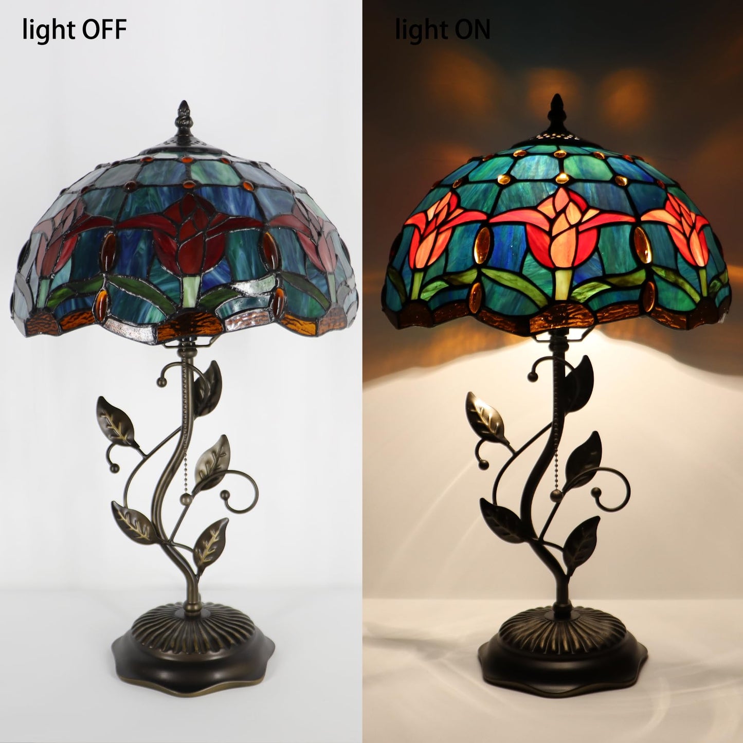 LXHCYOU Tiffany Table Lamp, Stained Glass Desk Light, W12H19 Inch, Metal Leaf Base (Tulip Style)
