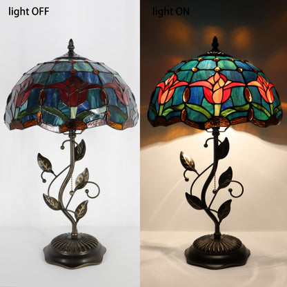 LXHCYOU Tiffany Table Lamp, Stained Glass Desk Light, W12H19 Inch, Metal Leaf Base (Tulip Style)