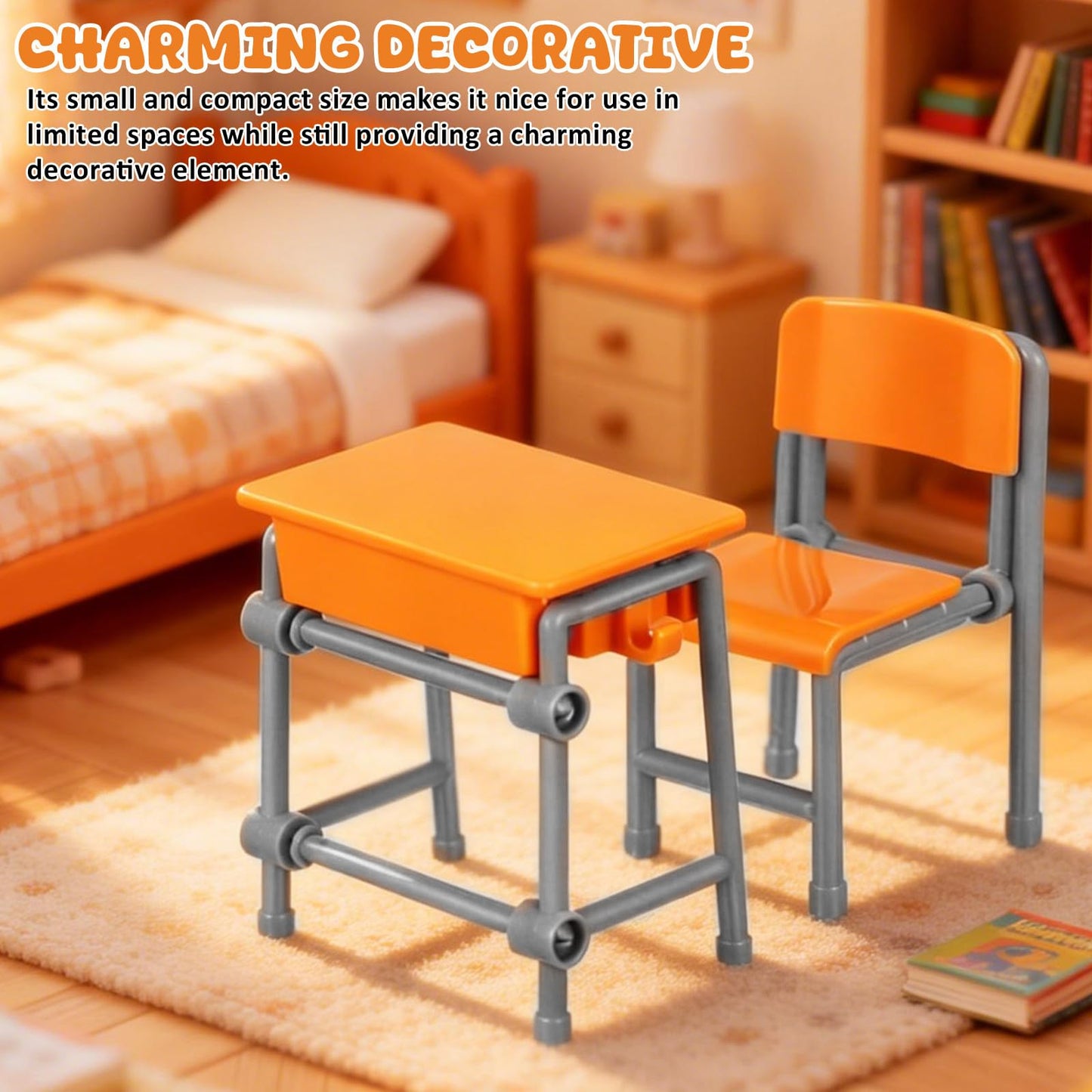 Toddmomy Miniature Plastic Classroom Desk and Chair 4-Set, Realistic Dollhouse School Furniture Accessories for Diorama Decor