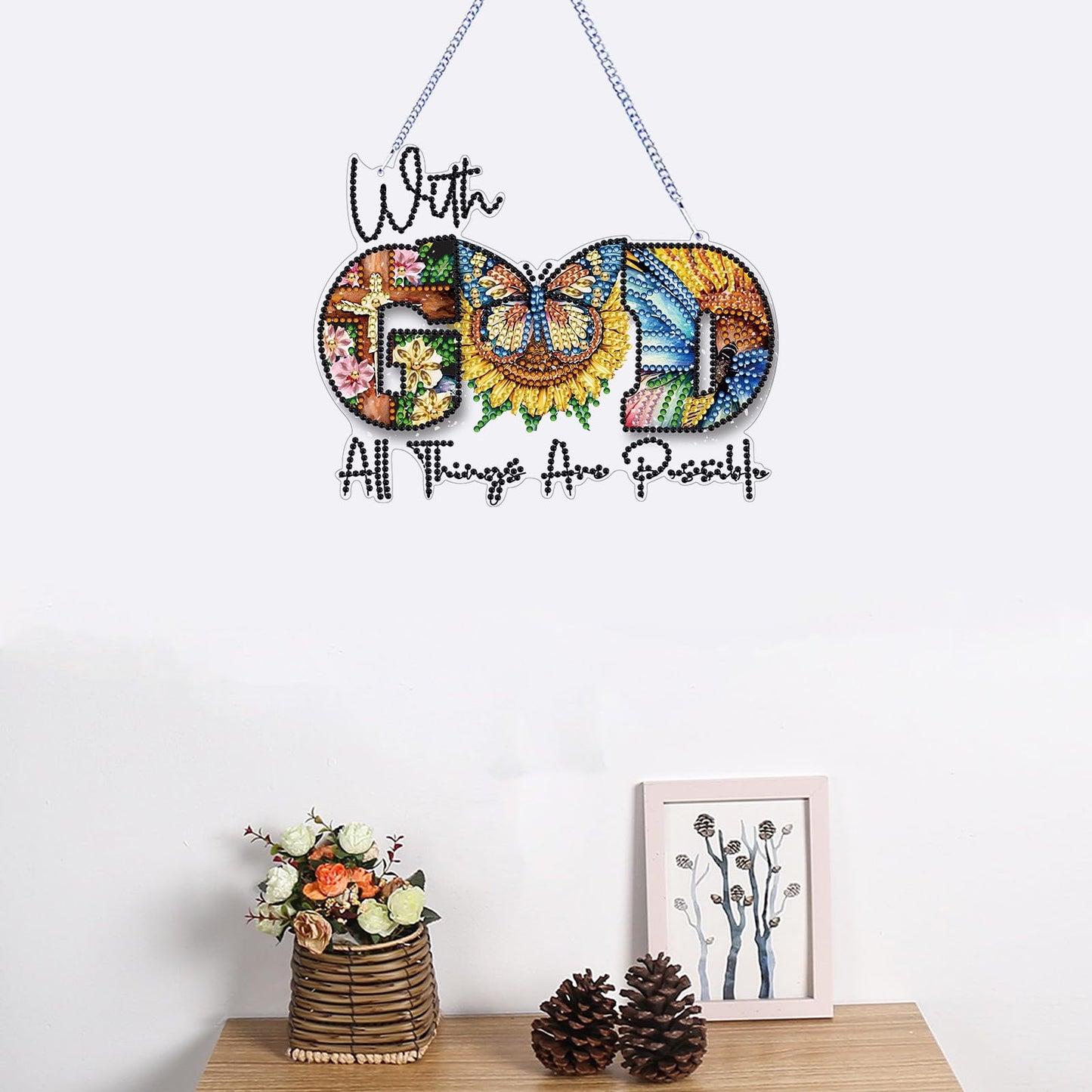 STGLCR DIY Butterfly Hanging Diamond Art Kit God, Acrylic Diamonds Painting Pendant Board Kit, 5D Gem Art Ornament Kit for Adults, Double Sided 7.8inch with God All Thing are Possible