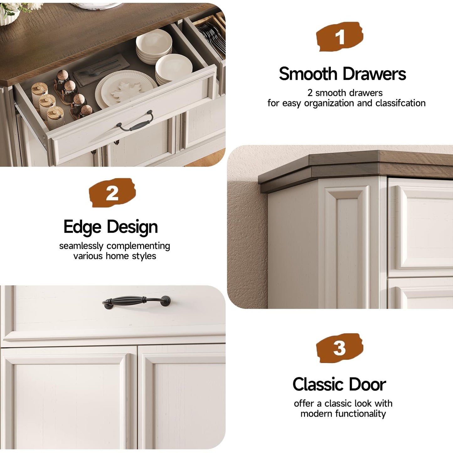 ONBRILL 55" Sideboard Buffet Cabinet with 2 Storage Drawers & 4 Doors, Modern Kitchen Sideboards and Buffets with Adjustable Shelves, Wood Coffee Bar Cabinet for Living Room, Entryway, Off-White