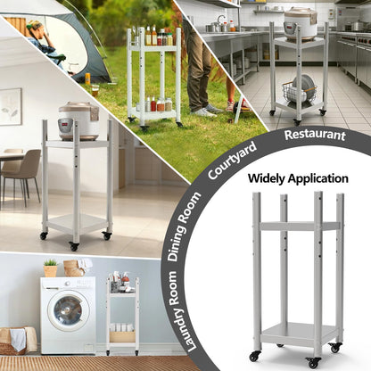 Stainless Steel Rice Warmer Stand–20"x20" SS Two-Tier Cart with Adjustable Upper Shelf & 4 Swivel Casters (2 Locking) Store&Move Cooking Equipment Multi-Purpose Mobile Station for Indoor/Outdoor