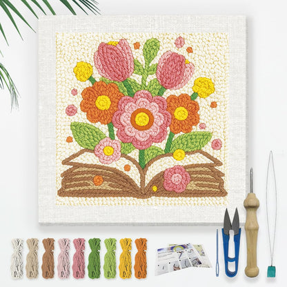 DOODLREAM Bouquet on Book DIY Punch Needle Embroidery Kit for Adult Beginner, 9.4" Flowers and Book Punch Stitching Craft Set for Starter with Frame, Fabric Pattern, Threader, Yarn, Punch Needle