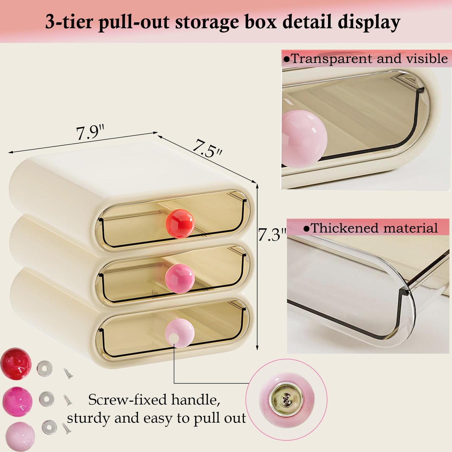 MavHubrix 3-Tier Drawer Makeup Organizer for Vanity Small Desk - Non-Stackable Clear Front Cosmetic Storage Holder for Bathroom Counter & Office Desktop -7.9x7.5x7.3in (Cream White)